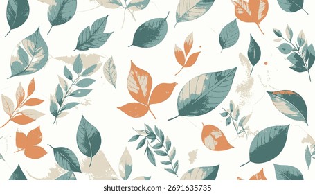 Botanisches Muster-Design mit Blättern in Teal- und Orangetönen auf weißem Hintergrund, flacher Laienstil.