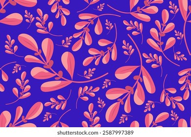 Botanical pattern with elegant pink leaves on deep blue background. Cute vibrant color illustration in nature-inspired vector style. For textile, wrapping paper, wallpaper.