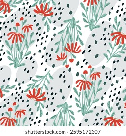 Botanical pattern featuring red wildflowers, green leaves, and abstract black dots on a white background. Perfect for textiles, wallpapers, stationery, and stylish home decor.