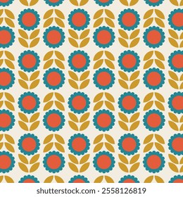 Botanical pattern flowers, leaves, and abstract shapes. Perfect for print, wallpaper, clipart, and home decoration. The seamless retro flower pattern colorful nature inspired with vintage pastel tones