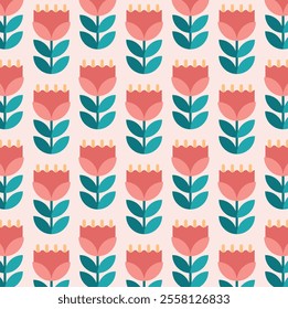 Botanical pattern flowers, leaves, and abstract shapes. Perfect for print, wallpaper, clipart, and home decoration. The seamless retro flower pattern colorful nature inspired with vintage pastel tones