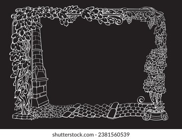 Botanical pattern with a fragment of old town. Outline hand-drawn cobblestone street, abstract plants in vases, and design elements. Vintage print. The white line on a black. Vector illustration.