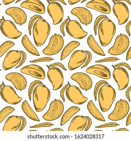 Botanical Pattern with fruit Mango, half of Mango, mango slice and leaf. Hand drawn botanical illustration. Background for wrap paper, wallpaper, background, fabric print. Etching, graphic picture