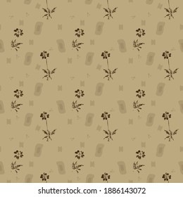 Botanical pattern with graphic colors and chaotic patches of beige and brown, seamless