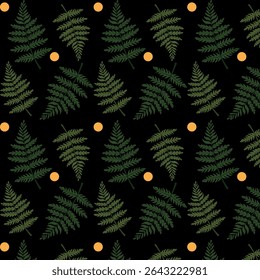 A botanical pattern of green fern leaves on a black background. Vector drawing of green leaves of a plant.