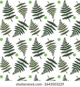 A botanical pattern of green fern leaves on a white background. Vector drawing of green leaves of a plant.