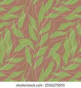 Botanical pattern with green leaves silhouette and white contour, on color trend mocha mousse background.