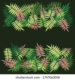 Botanical pattern with green and pink leafs on black background with empty space for text