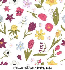 Botanical pattern isolated on white background. Floral retro square seamless. Trendy modern print with spring flowers for fabric, textile, home related item. Vector flat linear continuing illustration