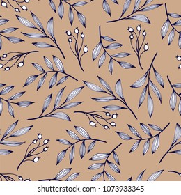 Botanical pattern of leaves and berries is delicate. Pattern of leaves. Seamless vector illustration. Beige, white and dark blue.