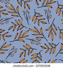 Botanical pattern of leaves and berries is delicate. Pattern of leaves. Seamless vector illustration. Blue and orange.