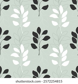 Botanical pattern with leaves eucalyptus white and dark colors, on pastel gray background. Vector illustration