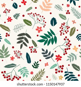 Botanical pattern with leaves and rowan berry. Vector flat seamless stylish background for wedding, invitations, textile, wrapping paper