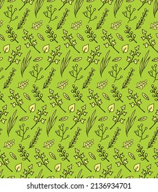 Botanical pattern with leaves, twigs, branches. Floral seamless print with forest autumn light yellow foliage on a bright green background. Hand drawn natural ornament. Tricolor monochrome texture.