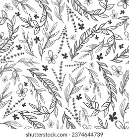 Botanical pattern. Linear doodle style. Minimalistic plant branches, pointed leaves. Cute miniature flowers. For prints, wallpapers, wrapping paper.