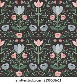 Patrón botánico con flores y hojas de pradera. Plantas de campo, ramas de flores silvestres y bayas. Flores silvestres oscuras de fondo transparente para impresiones, diseños textiles y de tejidos.