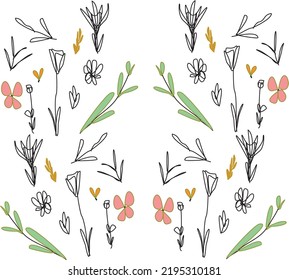 Botanical pattern minimalist half-color digital line drawing on several objects, suitable for fabrics, apparel, packaging and others