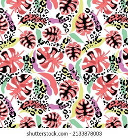 Botanical pattern mixed with leopard spots skin print texture. Hand drawn fantasy exotic sprigs and leafage. Floral background made of herbal foliage leaves for fashion, textile, fabric.