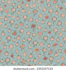 Botanical pattern of red flowers and green leaves. Seamless vector illustration on a soft green background.