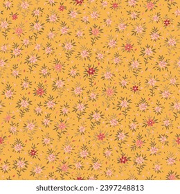 A botanical pattern of red and pink flowers and green leaves. Seamless vector illustration on a yellow background.