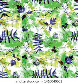 Botanical pattern. Seamless floral background. Decor with leaves and herbs. Herbal illustration. Green natural colors.