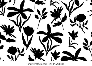 Botanical pattern botanical set of sketches of flower plants. Flowers plants abstract hand drawn black silhouette. Freehand primitive pattern of floral elements on white background.
