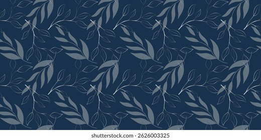 Patrón botánico con hojas de plata sobre fondo azul oscuro. Para la materia textil, tela, Fondo de pantalla, fondo, decoración. Imágenes vectoriales.