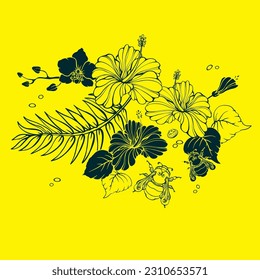 Botanical pattern with tropical flowers and bumblebees. Hibiscus, orchid. Vector.