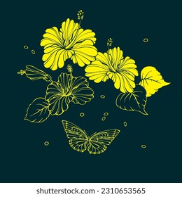 Botanical pattern with tropical flowers and butterflies. Hibiscus. Vector illustration.