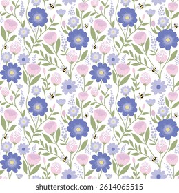 Botanical Pattern vector blue theme with pink and bee seamless white background