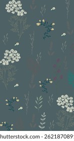 Patrón botánico con umbelas blancas, otras Pequeñas flores y diferentes hojas estilizadas en gris oscuro