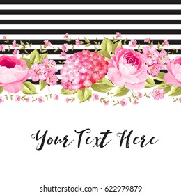Botanical pink rose flowers with black tile lines and text place are isolated on white background. Elegant Vintage invitation card design. Vector illustration.