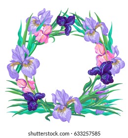 Botanical pink and violet iris wreath vector