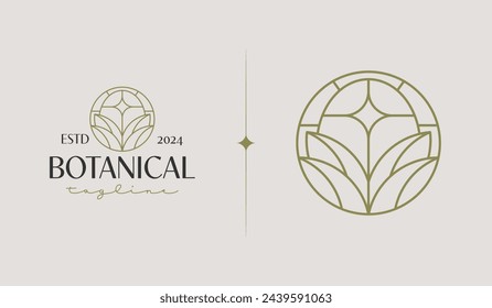 Plantilla de logotipo de flor de hoja de planta botánica. Símbolo universal creativo premium. Ilustración vectorial. Plantilla de diseño creativa minimalista. Símbolo de identidad empresarial