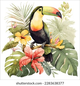 Botanical plant and toucan on an isolated white background, watercolor illustration, element clipart tropical birds