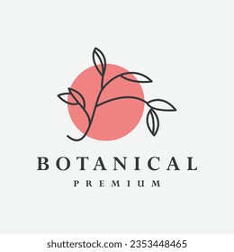 Botanical plant twigs and delicate flowers in boho linear style vector illustration