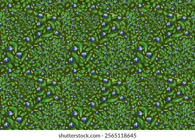 botanical, plant vector seamless pattern. blueberries with leaves. picturesque, ornate, dynamic ornament for printing on fabric, packaging, menu. green blue background with forest northern berries.