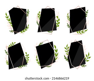 Botanical polygonal frame leafy poster black flat set. Vntage blank shape signage invitation sticker wedding event holiday. Geometric natural elegant deciduous branch delicate graphic banner isolated