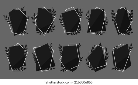 Botanical polygonal frame leafy vintage gothic flat set. Dark exquisite signage important event mourning. Mood black color elegant blank sticker flyer background various shape silver line isolated