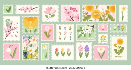 Botanical postage Stamp Set with beautiful Spring flowers, tulip, daffodil, crocus, hyacinth, bluebell, daisy, dandelion, lily of the valley. Floral design template for cards, stickers. Vector Illustration