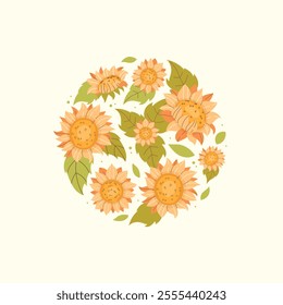 Botanical postcard with sunflowers round shape