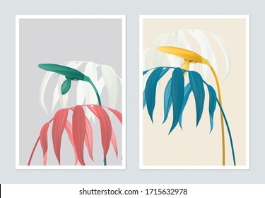 Botanical Poster Design, Indoor Bamboo Palm And Snowdrop Flowers