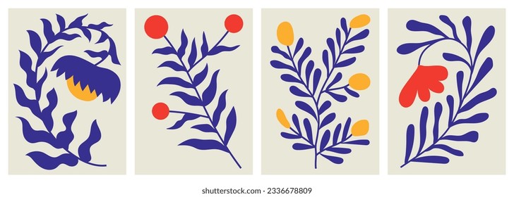 Botanical poster designs. Flat vector illustrations of plants and flowers. Floral elements. Wall arts inspired by Matisse's cut-out papers and naive style. Organic blooms. Hand drawn foliage.