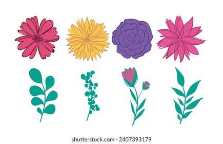 Botanical poster designs. Flat vector illustrations of plants and flowers. Floral elements. Wall arts inspired by Matisse's cut-out papers and naive style. Organic blooms
