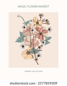 Botanical poster with flowers and plants. Vintage style, multicolor.	