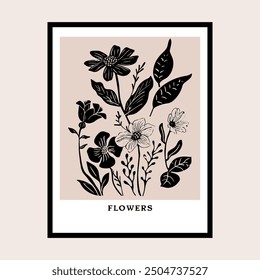 Botanical poster.  Flowers Poster template. Modern style, pastel colors. Interior poster. Invitation or greeting card template. Inspiration posters.