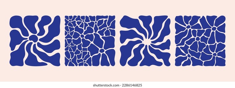 Botanical poster set in blue. Abstract flower print template, contemporary organic doodle shapes, Matisse curves. Vector art