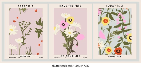 Botanical poster set flowers and branches. Modern style, pastel colors