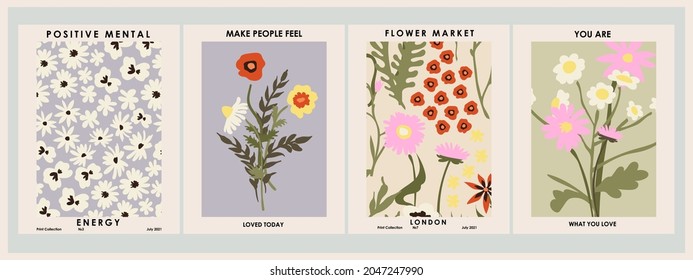 Botanical poster set flowers and branches. Modern style, pastel colors - Shutterstock ID 2047247990
