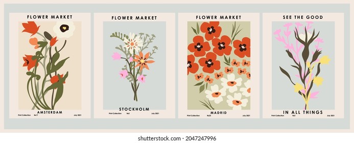 Botanical Poster Set Flowers And Branches. Modern Style, Pastel Colors